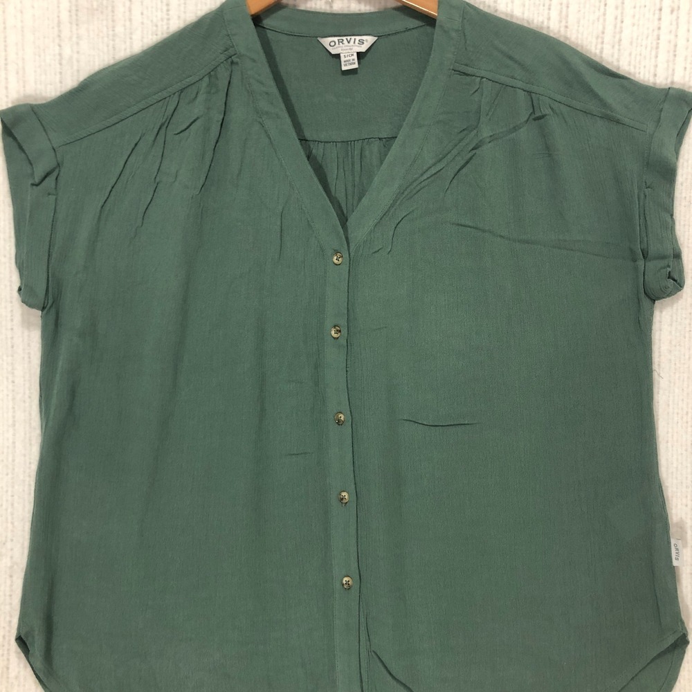 Orvis Classic Collection Womens Sage Green Button‎ Down Short Sleeve Blouse S